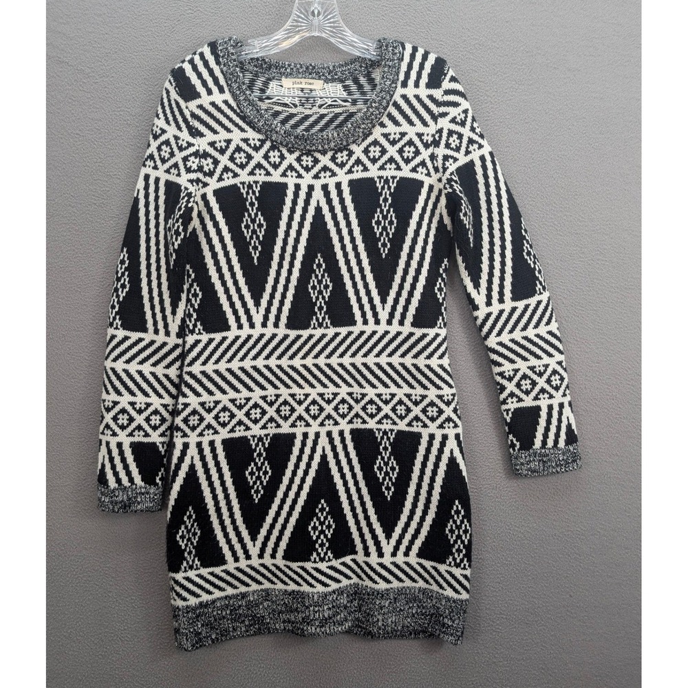 Pink Rose Black White‎ Geometric Tribal Knit Sweater Dress Women's L Long Sleeve - Picture 6 of 12
